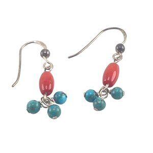 Handcrafted Silver Hook Earrings With Red & Turquoise Beads Boho